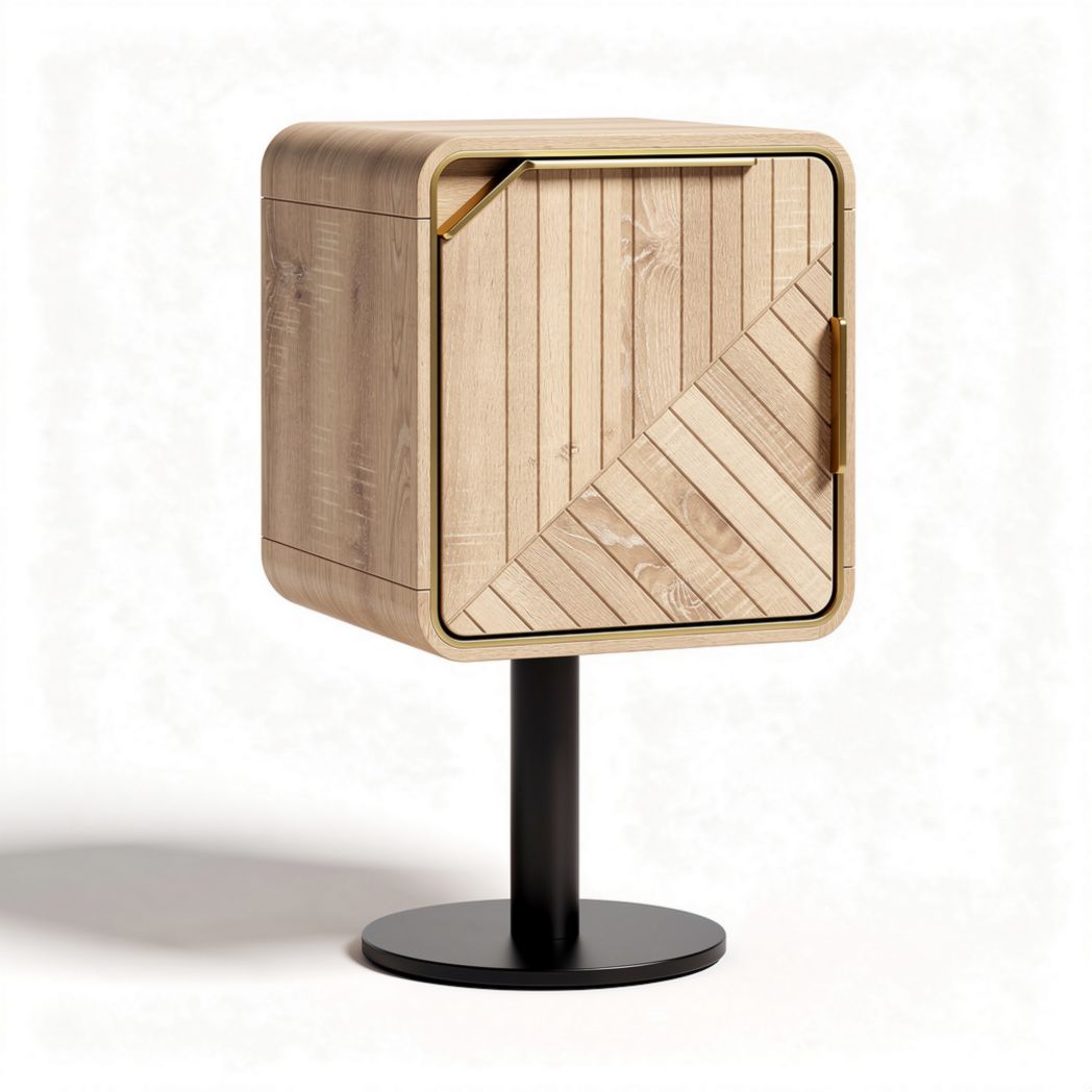 Wooden storage cabinet with geometric design and metal base 40 x 40 x 70cm