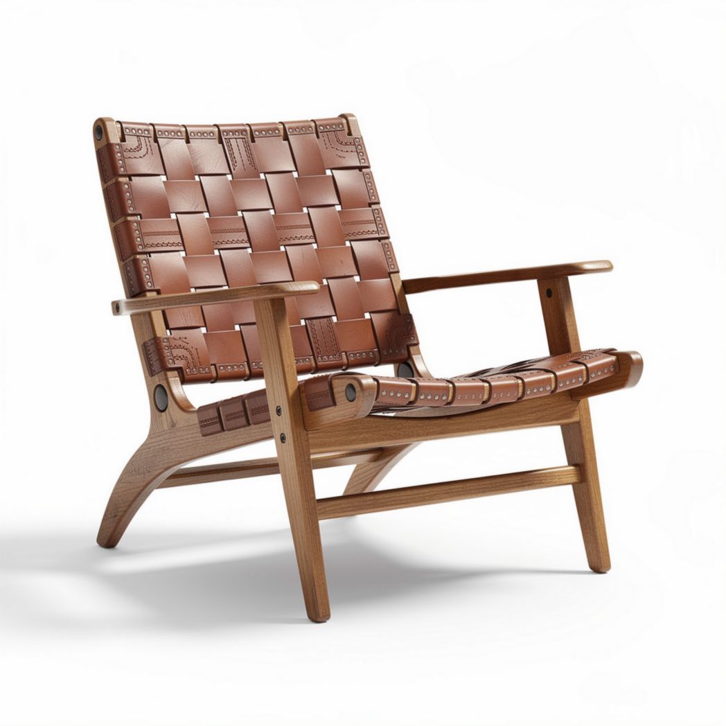 Leather woven chair with natural wood frame 80 x 70 x 85cm
