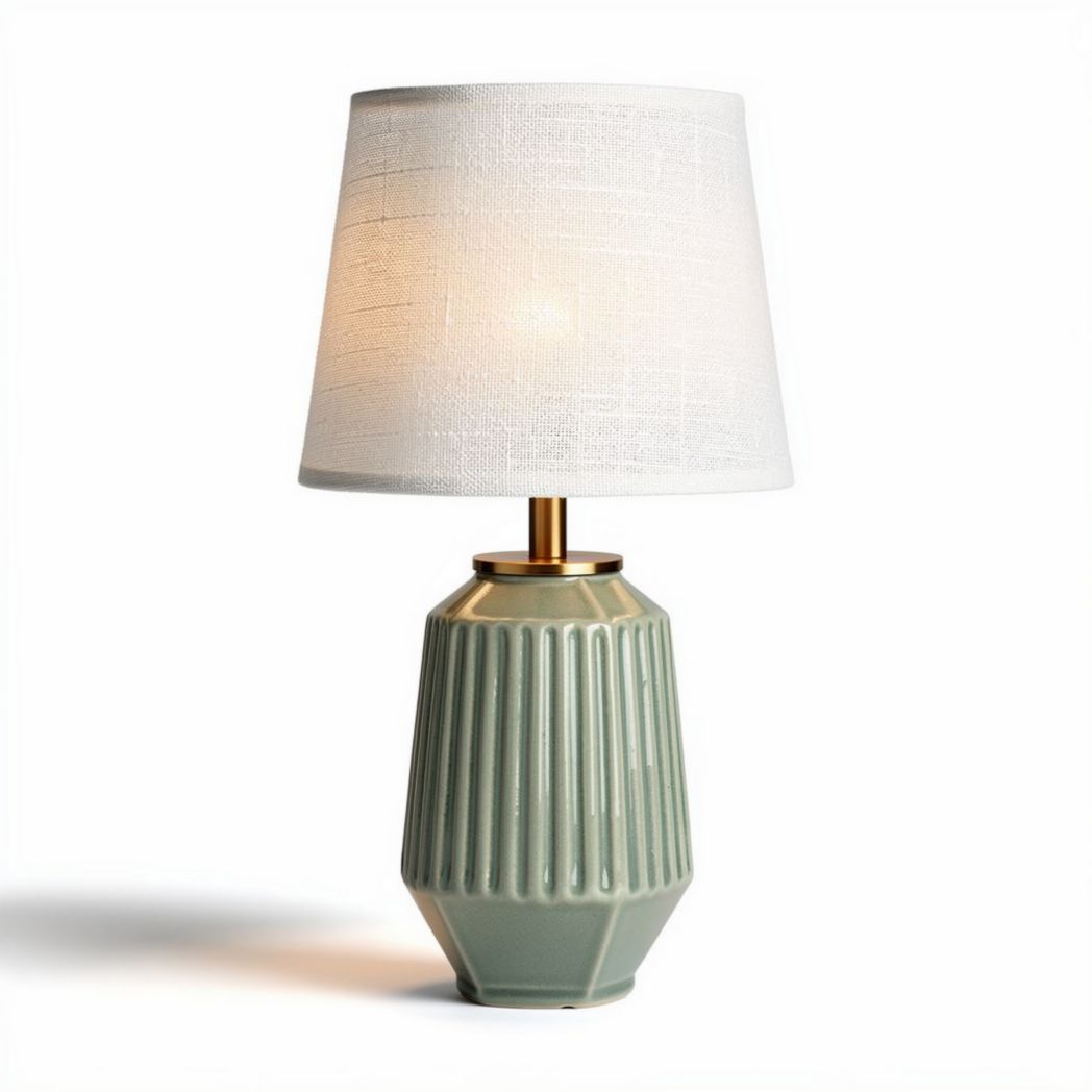 Ceramic table lamp with natural fabric shade in yellow 30 x 30 x 50cm