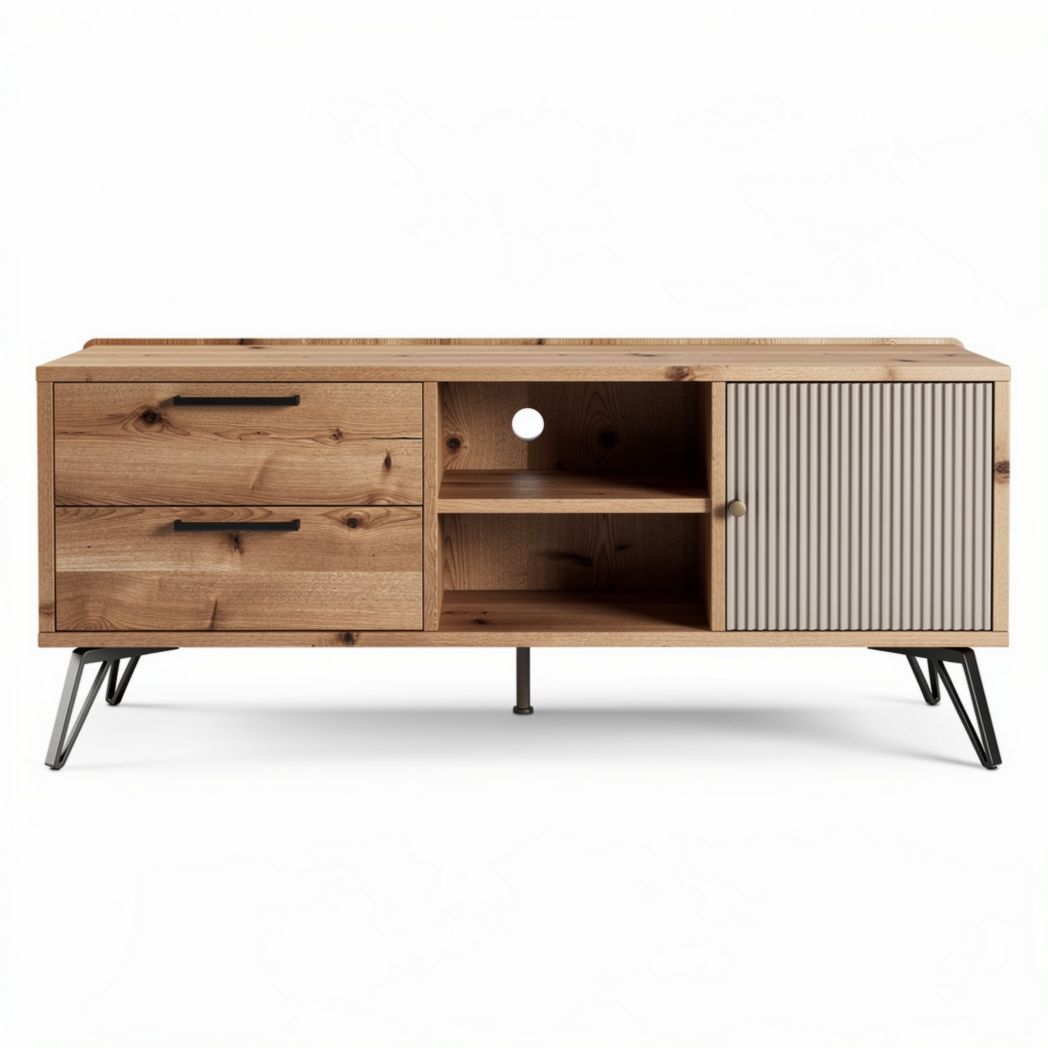 Wooden media console with storage drawers and contrasting door design 120 x 40 x 45cm