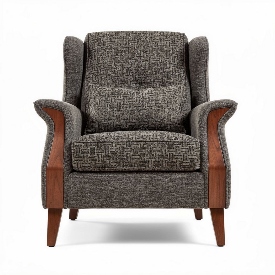 Modern accent chair with wooden arms fabric upholstery in grey 80 x 80 x 90cm